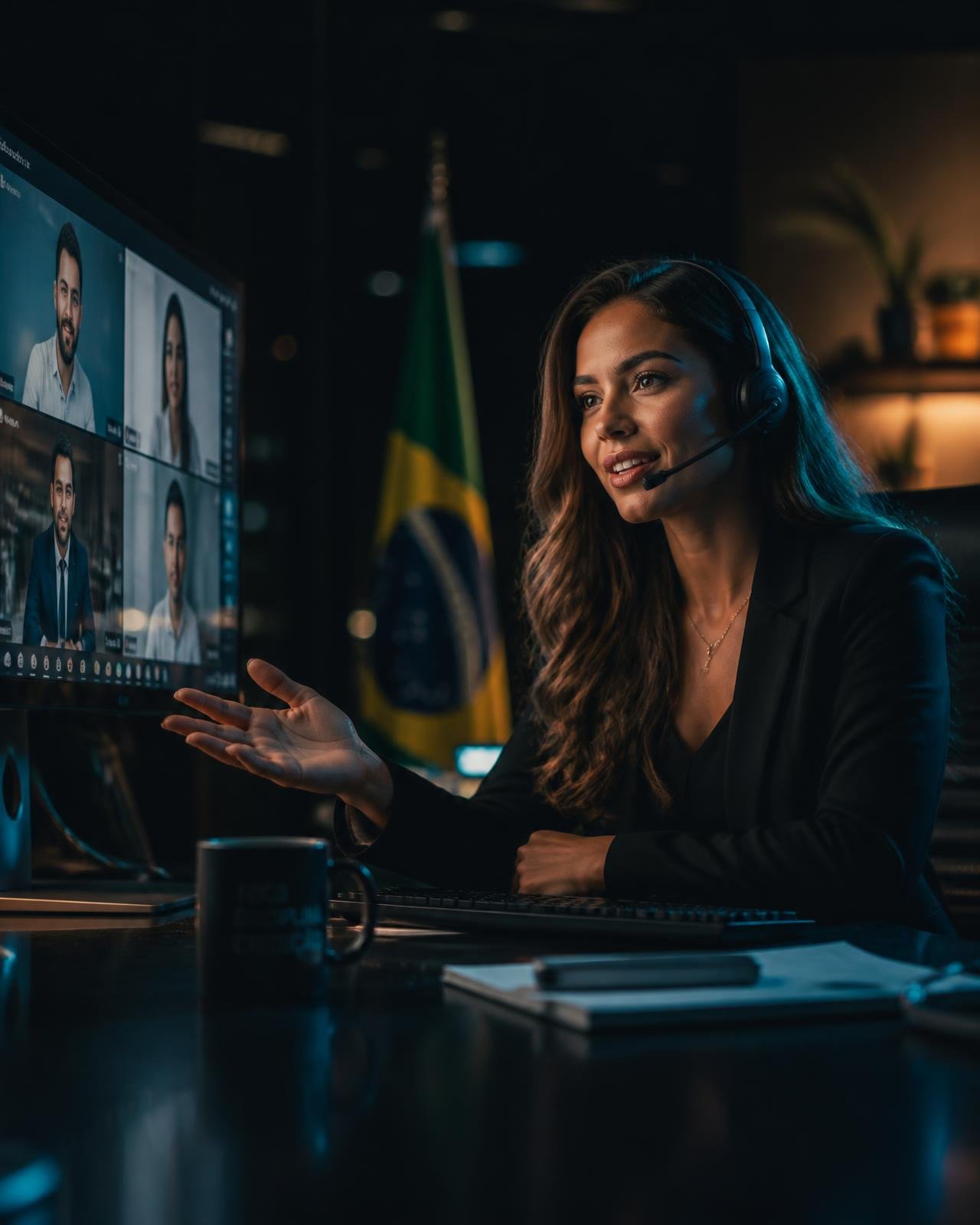 Profissional conduzindo uma reunião em inglês com time internacional